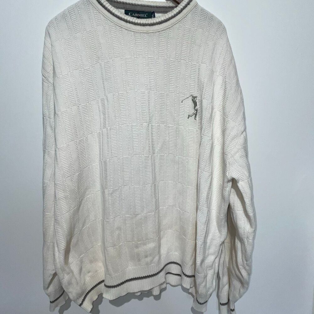 Carmel Men's White Textured Cotton Knit Crew Neck Pullover Golf‎ Sweater XXL